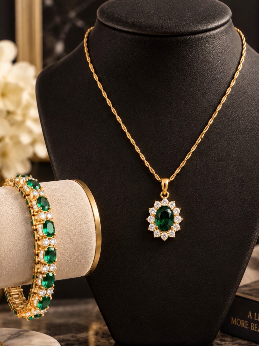 💚 EMERALD GREEN CRYSTAL JEWELRY SET — NECKLACE + TENNIS BRACELET